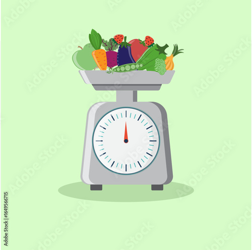 Kitchen scales, vegetables, fruits, berries in the bowl on top, vector, illustration, weight loss, diet, proper nutrition