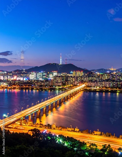 City lights at night over river and bridge