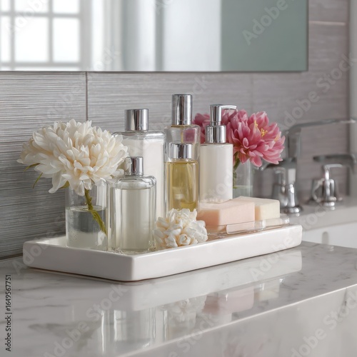 White tray with toiletries and flowers on marble vanity