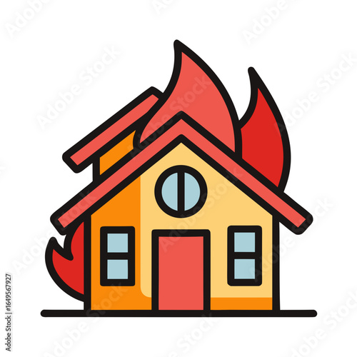Cartoon house on fire with flames coming out of the roof and windows