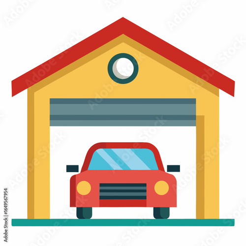 Red car parked inside a yellow garage with a red roof