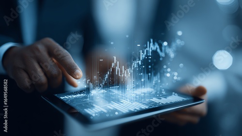 Financial advisor showing portfolio optimization to client using tablet AI technology concept