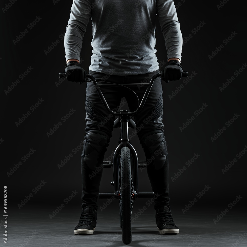 Fototapeta premium BMX bike rider in protective gear and casual dark clothing on black freestyle bicycle in dramatic moody studio lighting with gradient gray background