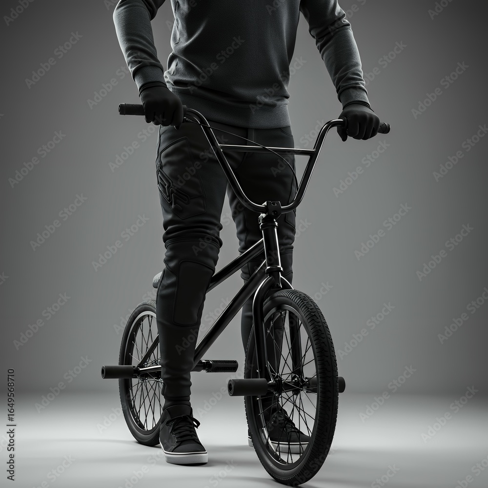 Fototapeta premium BMX freestyle cyclist on black bicycle in standing position wearing dark streetwear protective knee pads and sneakers against minimalist gray studio background