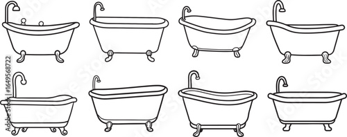 set of bathtub line art, coloring book page line art drawing, vector and illustration