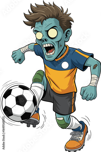 Cartoon zombie, blue skin, yellow eyes, brown hair, blue yellow jersey, black shorts, orange cleats, soccer ball, kicking pose, CAD drawing, vector illustration
