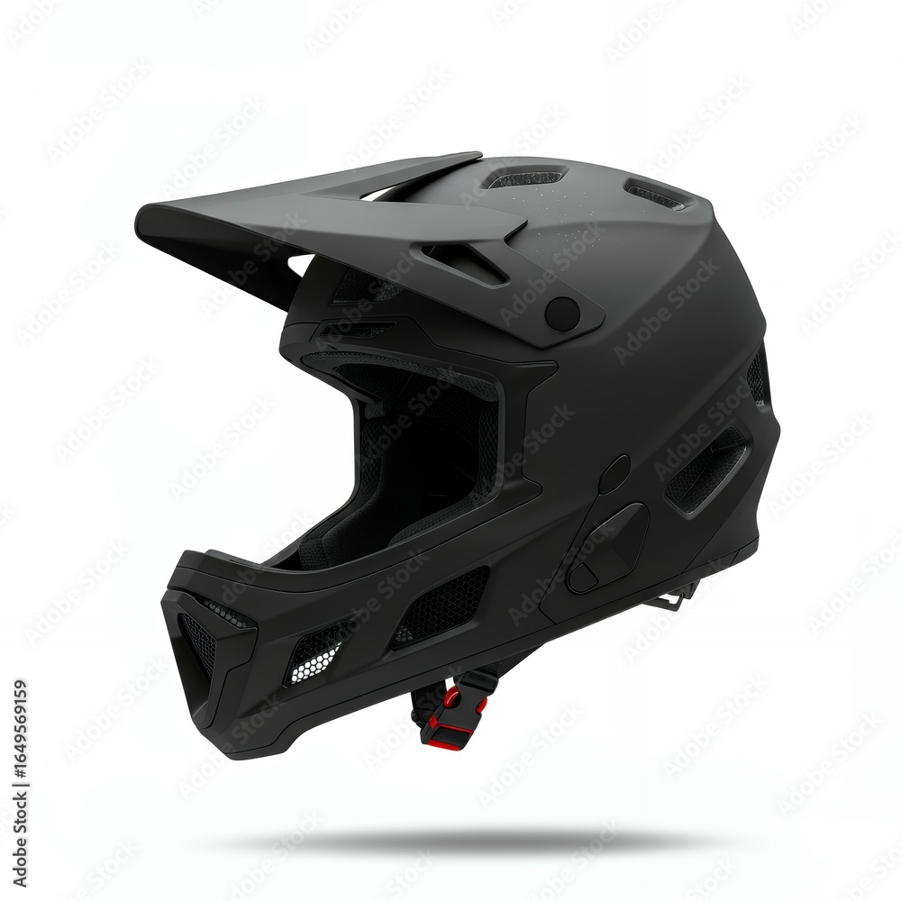 Fototapeta premium Black full-face enduro helmet with integrated chin protection and mesh ventilation panels for extreme mountain biking and motocross safety