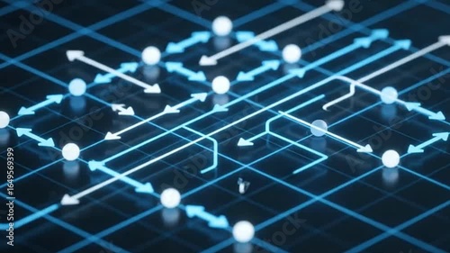 A blue grid with white spheres arrows indicating a direction or process some arrows straight some follow the grid