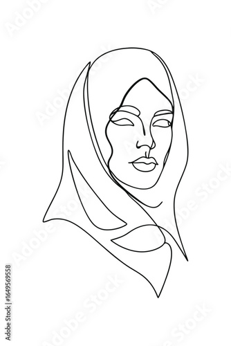 Minimalist continuous line drawing a woman wearing a hijab muslim islam