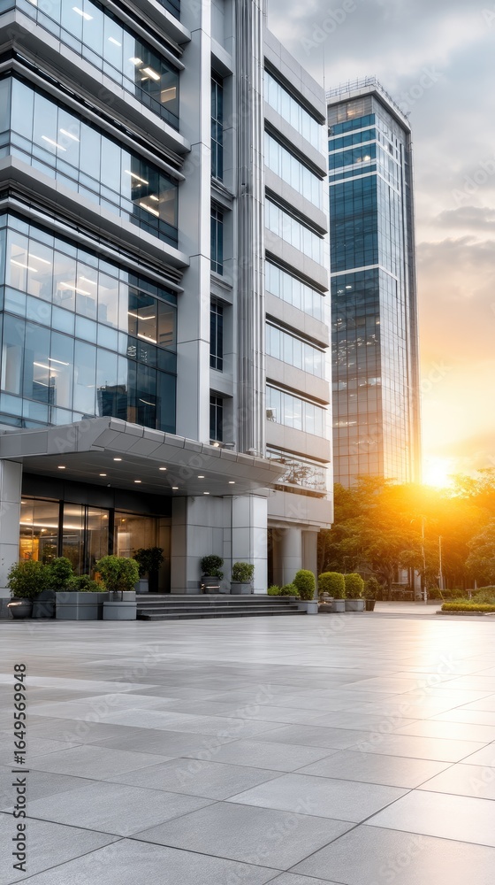 Fototapeta premium Modern office interior showcasing a bright and spacious environment with large windows and contemporary furnishings in a corporate building