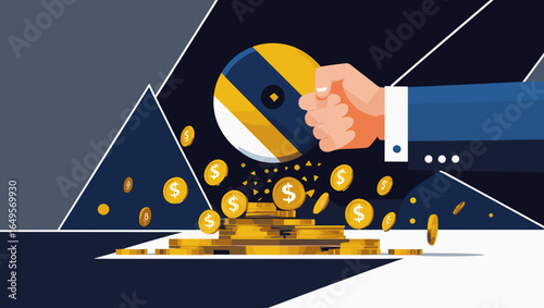 Investment concept illustration showing a hand grabbing a ball over a pile of coins