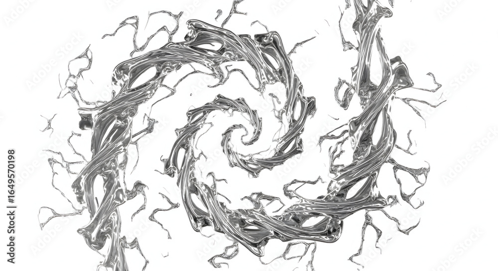 Fototapeta premium Abstract spiral of liquid chrome with intricate branching tendrils and a reflective metallic texture.