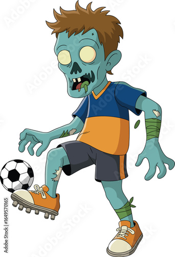Cartoon zombie, blue skin, yellow eyes, brown hair, orange blue jersey, black shorts, orange cleats, kicking soccer ball, grass, CAD drawing, vector illustration