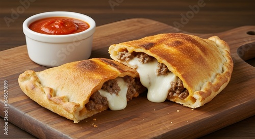 Classic Beef And Cheese Calzone Baked To Golden Perfection, Served With Rich Marinara Sauce, Featuring A Flaky Crust Packed With Savory Meat, Melted Cheese, And Italian Flavor