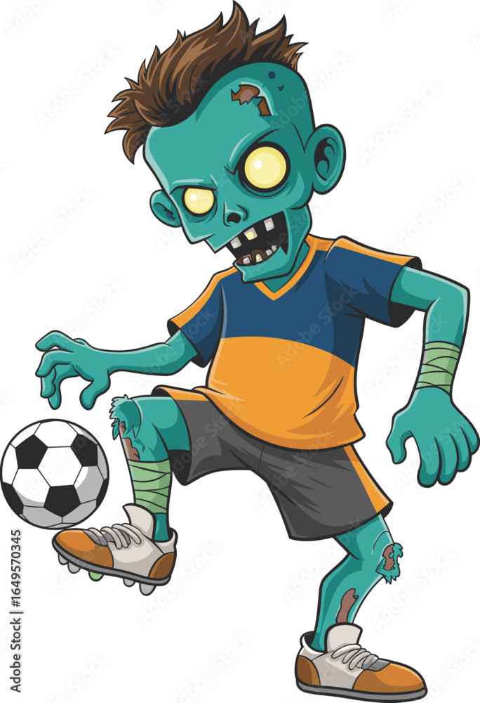 Obraz premium Cartoon zombie, green skin, yellow eyes, brown hair, blue orange jersey, black shorts, orange white shoes, soccer ball, balancing pose, CAD drawing, vector illustration