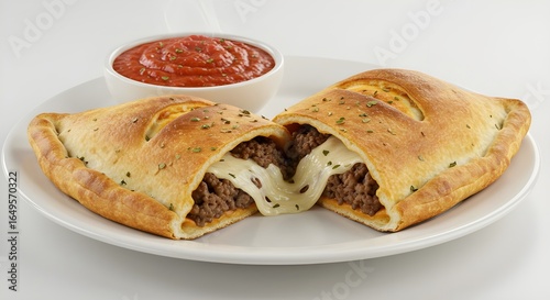 Classic Beef And Cheese Calzone Baked To Golden Perfection, Served With Rich Marinara Sauce, Featuring A Flaky Crust Packed With Savory Meat, Melted Cheese, And Italian Flavor
