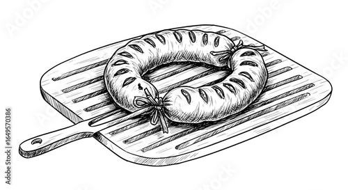 Artisan sausage ring hand-drawn on wooden cutting board, ready for grilling and summer barbecue fun