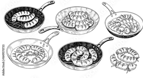 Delicious hand-drawn sausages sizzling in skillet, perfect for food illustrations and menu designs, mouthwatering