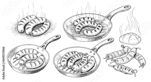 Mouthwatering sketch of sausages grilling in pans, ready to serve with warm bread, perfect for culinary themes