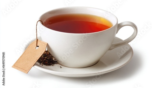 A white teacup filled with dark reddish-brown tea, a small tag, and loose tea