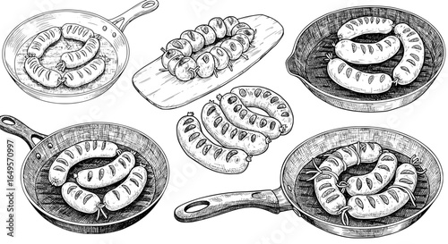 Tempting hand-drawn sausages sizzling in pans, perfect for food blogs and culinary design projects