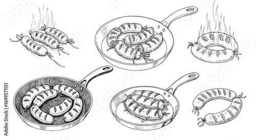 Delicious sausage sketch collection, sizzling in pans, appetizing culinary drawing, perfect for restaurant menus