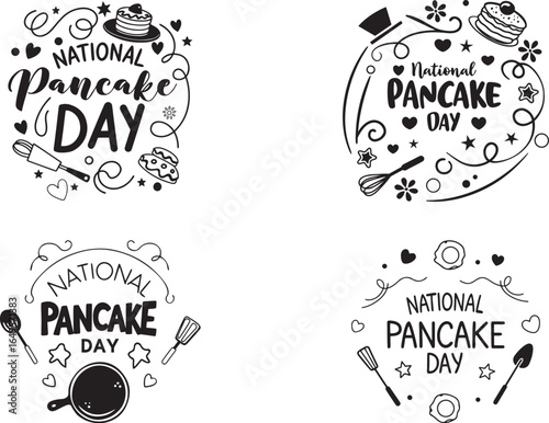 Four Black and White National Pancake Day Images with Festive Elements