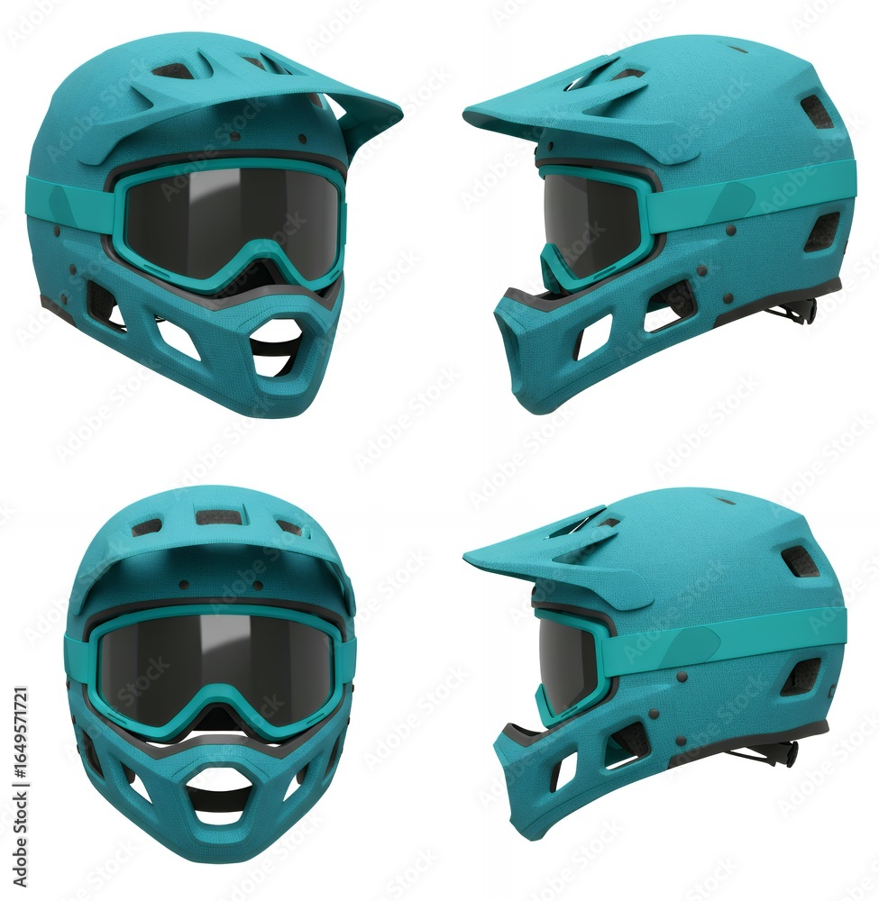 Naklejka premium Turquoise blue mountain bike full face helmet with detachable chin protection and dark tinted goggles, product photography for cycling safety gear catalogs