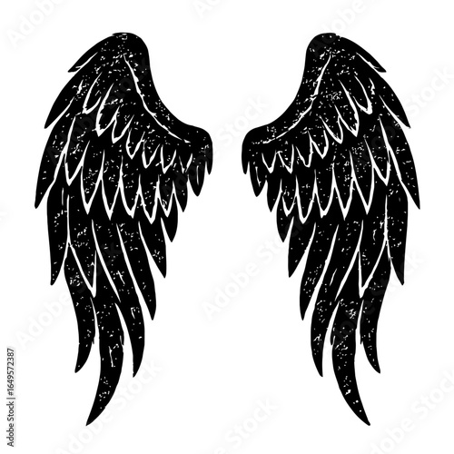 Grunge Black and White Wings Vector - Rustic Hand-Drawn Feather Graphic for Angel, Freedom, and Nature Designs
