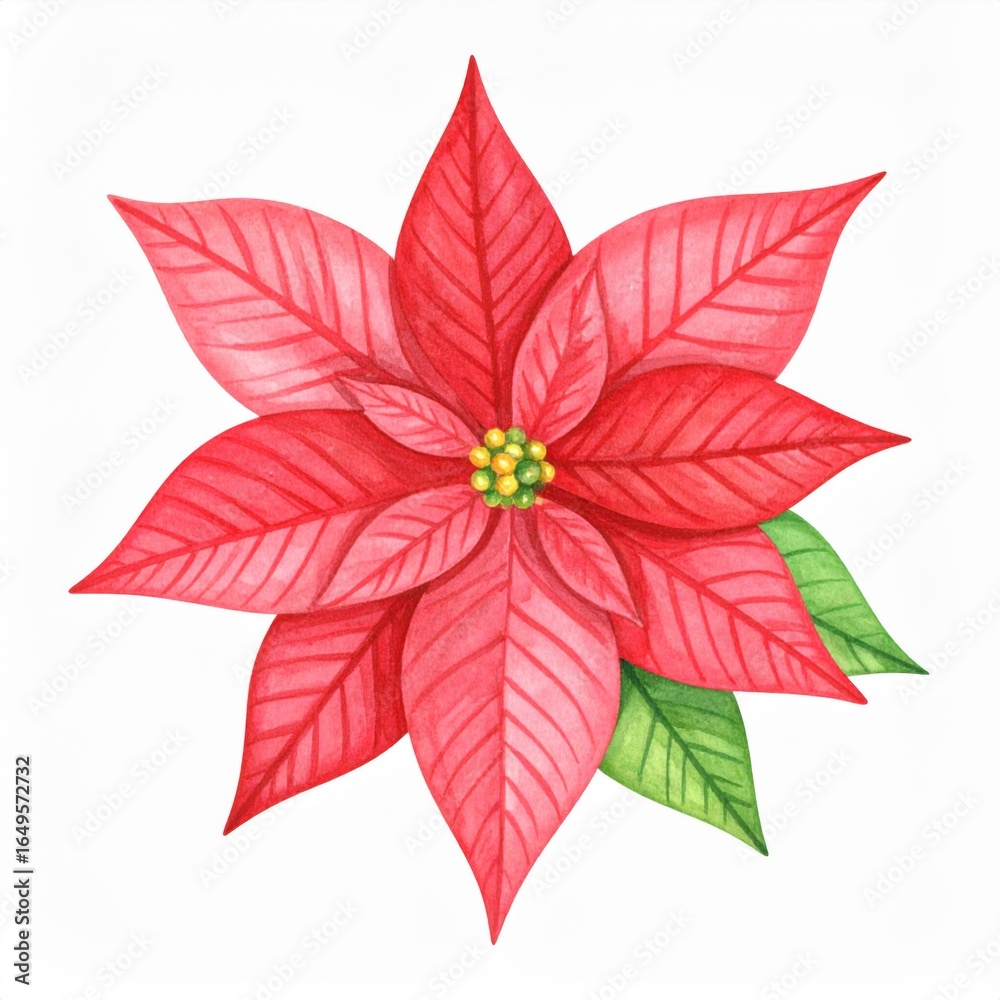 Obraz premium Watercolor Poinsettia Flower with Red Petals and Green Leaves on White Background