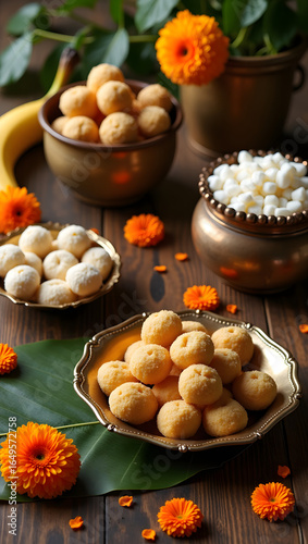 Traditional Indian Dessert Laddoo and Diya on Festive Table, ganesh chaturthi


