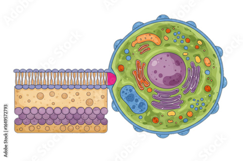 Detailed illustration of a cell structure with nucleus and other components, medical study