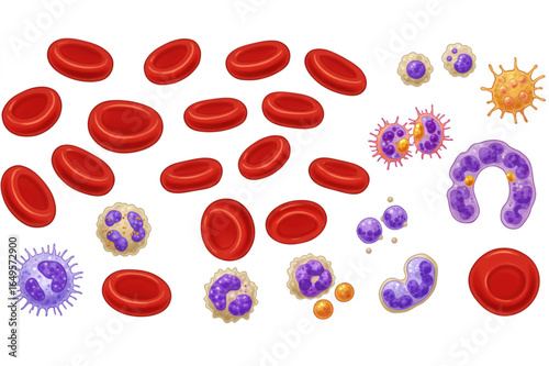 Detailed illustration of blood cells including red blood cells, white blood cells, and platelets