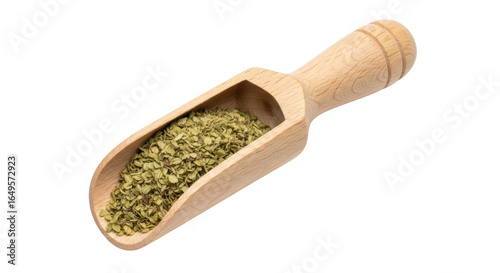 Isolated dried oregano in a wooden scoop