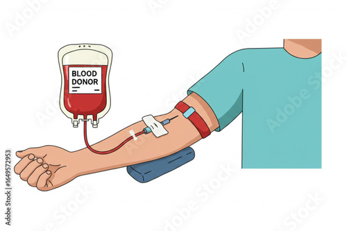 Blood donation process, illustration of arm with needle and blood bag for medical use
