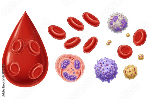 Detailed illustration of blood components including red blood cells, white blood cells, and a drop