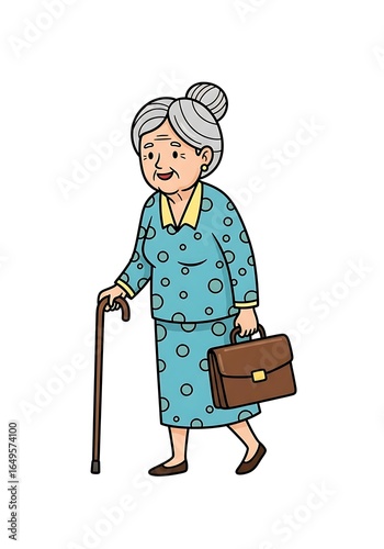 Elderly woman walking with a cane and briefcase.