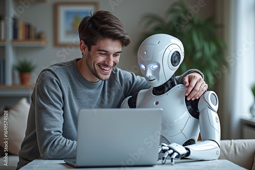 Man and AI humanoid robot work together and collaborating while looking at a laptop, symbolizing AI partnership help job