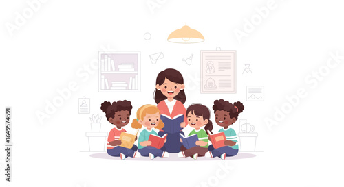 A teacher reads aloud to a group of diverse young children sitting in a circle with books in a classroom.