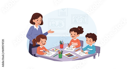 Engaging early childhood education moment in a vibrant classroom setting, where a nurturing teacher guides young students in a delightful and creative art activity, fostering imagination and learning.