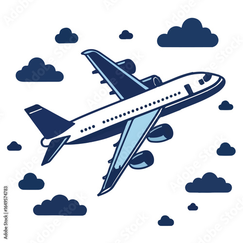 Cartoon Airplane Ascending Among Cartoon Clouds in a Clear Sky A Nostalgic Aviation Illustration