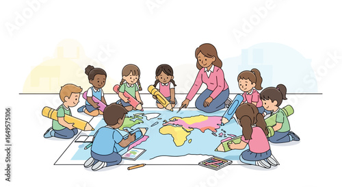 Young students engage in a hands-on geography lesson, coloring a large world map with their teacher, fostering global awareness and collaborative learning.