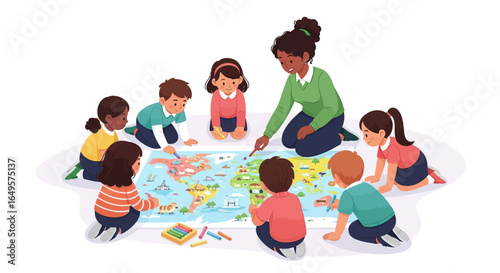 Children Learning Geography with Teacher Engaging Educational Illustration