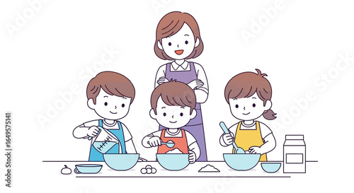 A mother and three children baking together, mixing ingredients, and having fun.