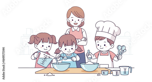 A mother and three children baking together, mixing ingredients and having fun in the kitchen.