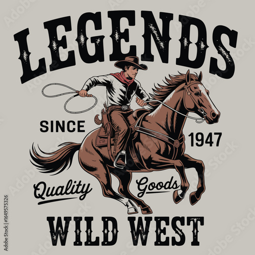Dynamic illustration of a classic cowboy on a galloping horse with a lasso, embodying adventurous western heritage and frontier spirit in a vintage graphic style.