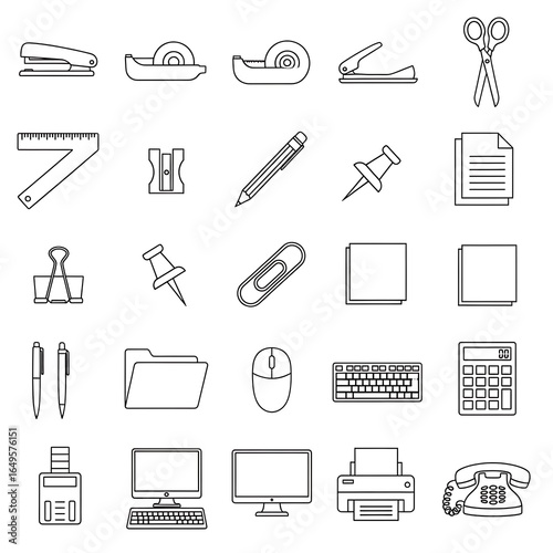 Collection of simple office supplies icons.