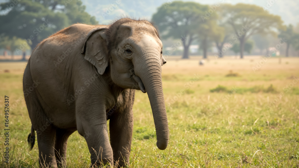 Fototapeta premium A young Asian elephant walking in a grassy field. Cute baby elephant in a nature park with copy space for text.