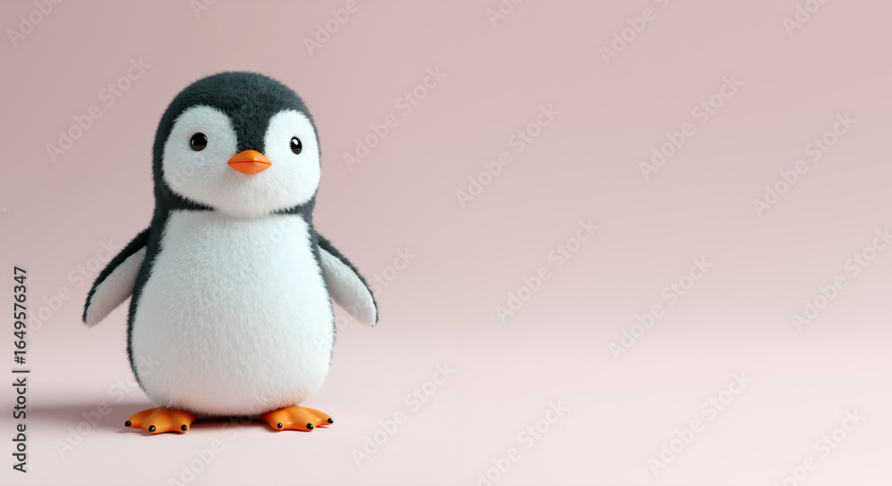 Fototapeta premium A cute baby penguin on a pink background. Adorable cartoon-style penguin chick with copy space for text.