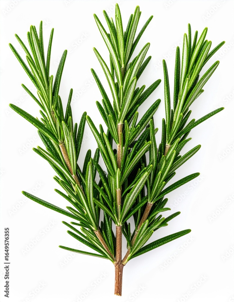 Fototapeta premium Fresh Rosemary Sprigs with Needle Like Leaves on White Background for Culinary Use
